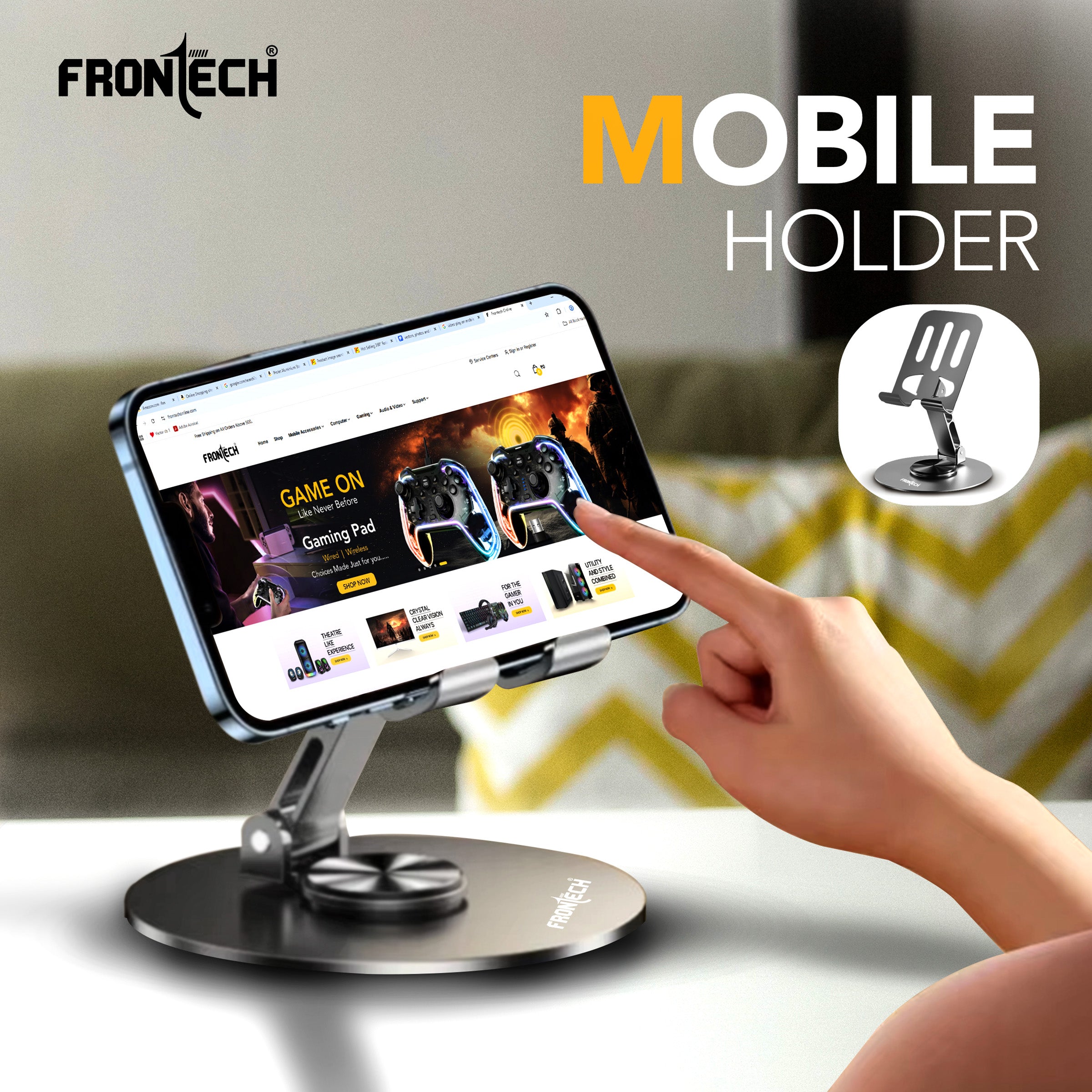 Frontech Mobile Holder, 360° Rotatable & Foldable Mobile Phone Holder With Stable Metallic base,Adjustable Height, Anti Skid Pad,Tabletop Mobile Phone Stand for all Smartphones. (CCH-0014GRY) Frontech Mobile Holder, 360° Rotatable & Foldable Mobile Phone Holder With Stable Metallic base,Adjustable Height, Anti Skid Pad,Tabletop Mobile Phone Stand for all Smartphones. (CCH-0014GRY)